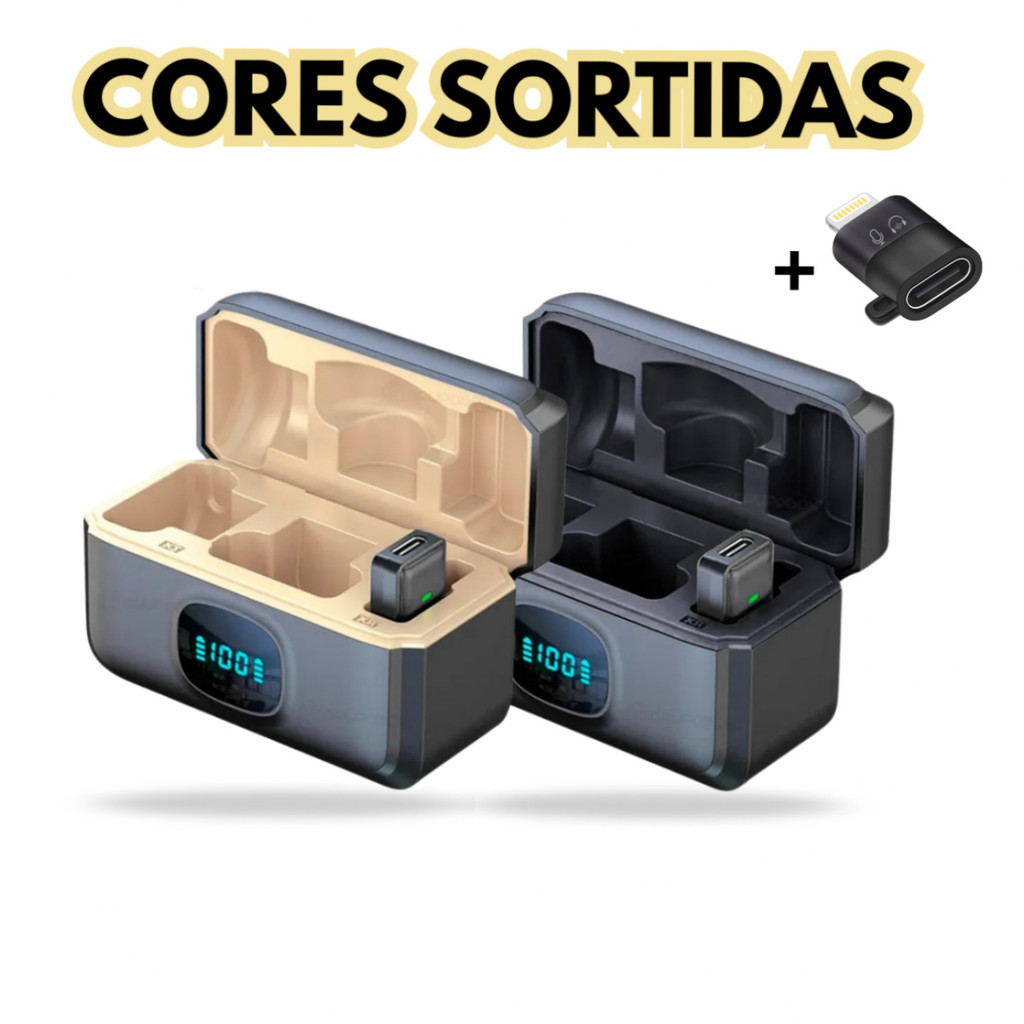 Microfone Lapela Duplo Sem Fio Magnético Anti Ruído Tipo C + Adaptador USB-C p/ Lightning - (Cores Sortidas)