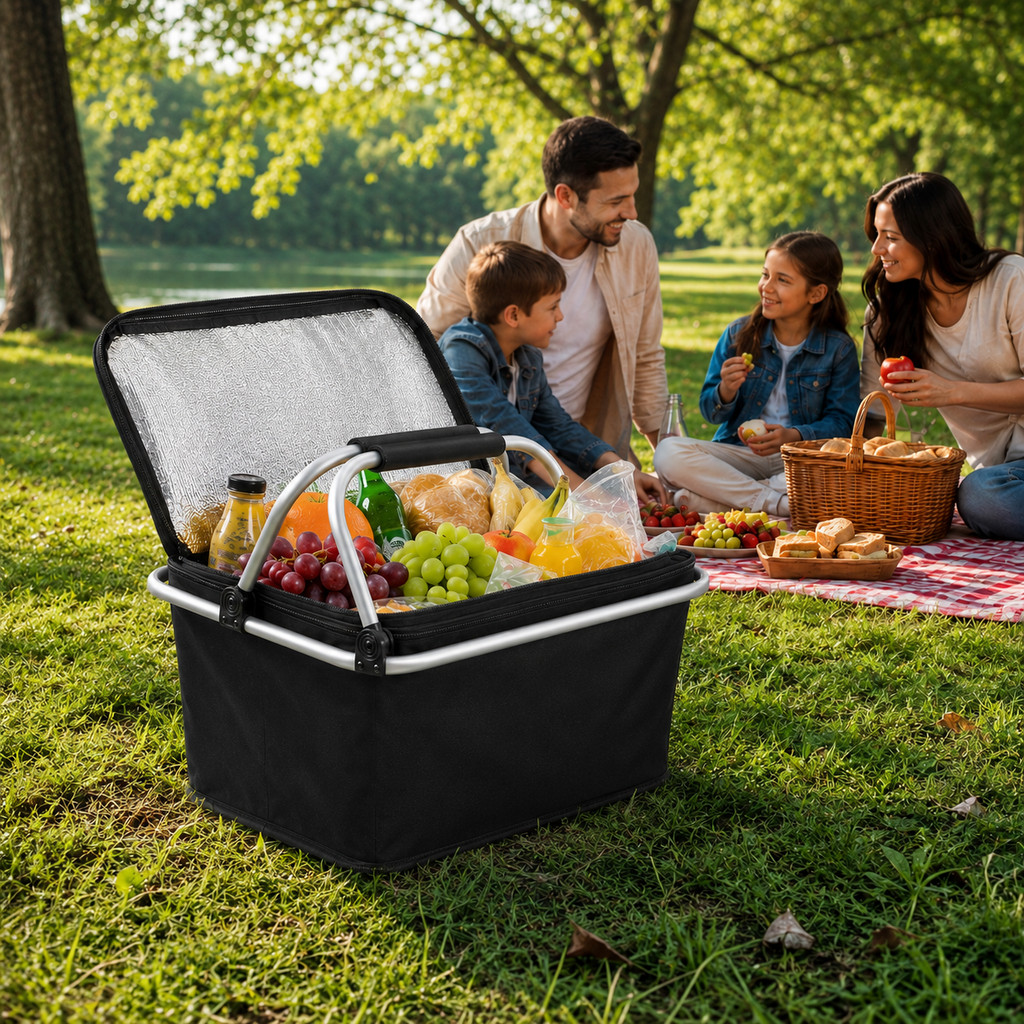 Cesta Térmica Dobrável 34L Bolsa Piquenique Praia Camping Viagem Mercado Com Alça Reforçada Preta