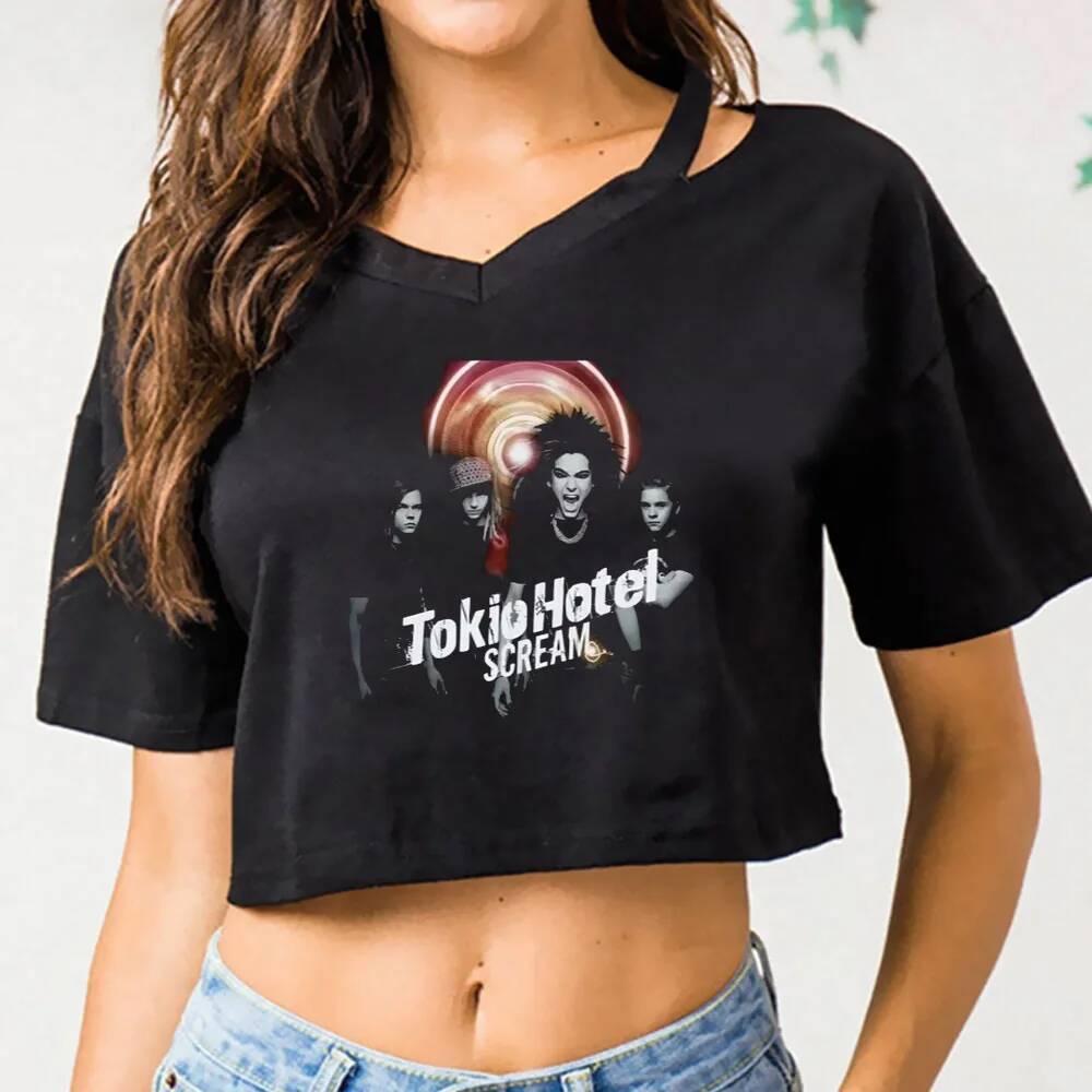 Tokio Hotel top cropped Feminino gyaru Gótico emo dollette Engraçado Camiseta 2000s Barato grunge Cena Alternativa