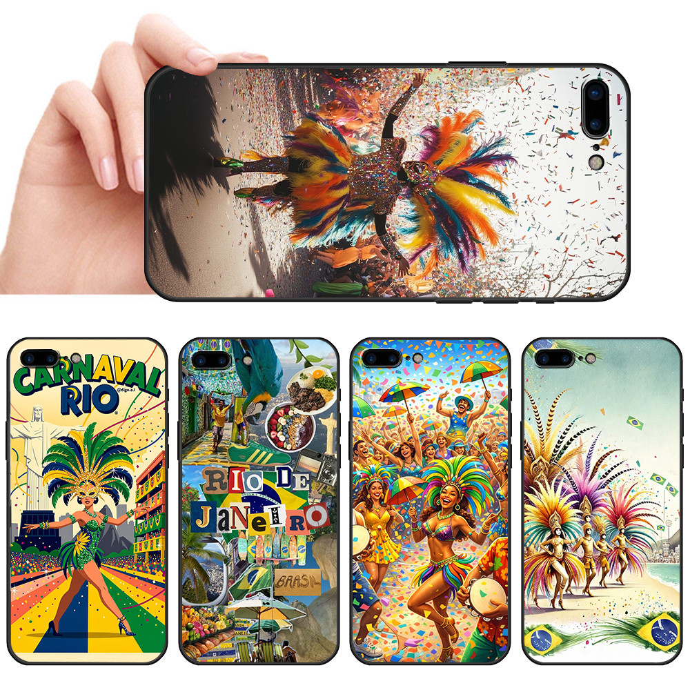 Capa De Telefone Preta Macia Para iPhone 5 5S 6 6S 7 8 Plus Carnaval Rio Protetora Anti-Queda
