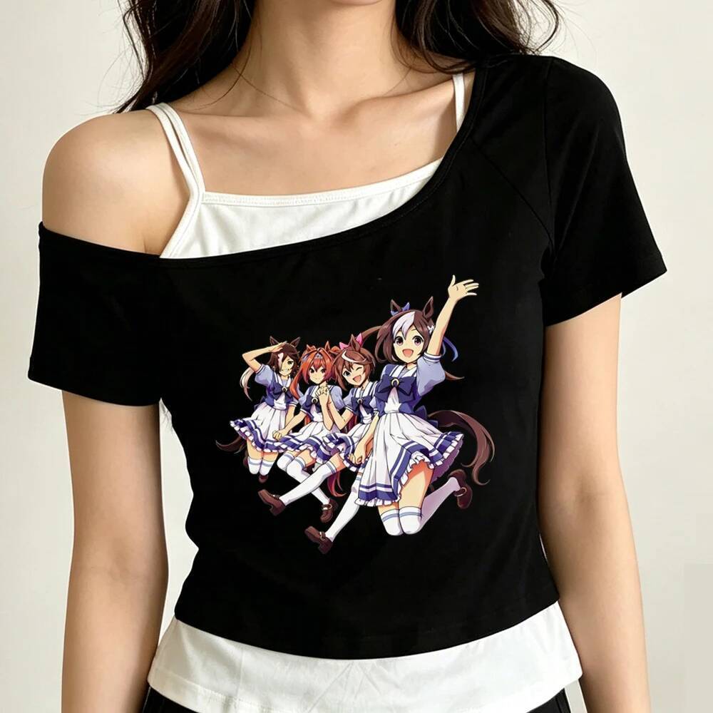 Umamusume Pretty Derby crop top Feminino Anos 2000 Fofo meme grunge streetwear Camiseta y2k Mangá Festa Dos