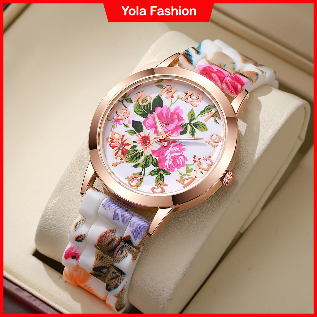 Relógio De Pulso Feminino Com Estampa Floral De Quartzo Elegante Pulseira De Silicone Casual Para Uso Diário (Sem Caixa)