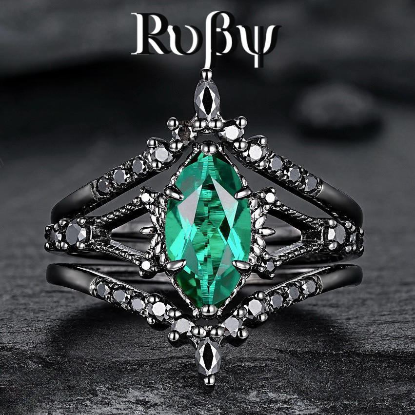 Ruby * Novo estilo conjunto arma anel preto jóias verde zircão anel olho de cavalo preto conjunto de três peças