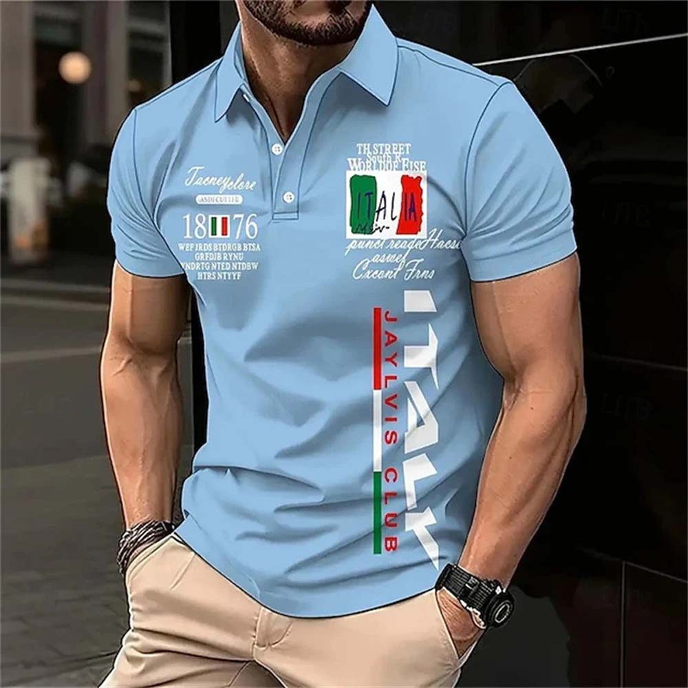 Camisa Polo Masculina Azul Claro Impressão Vintage Itália 18076 Gola Clássica Fino Ajuste Esportes Sociais Casual Nova C