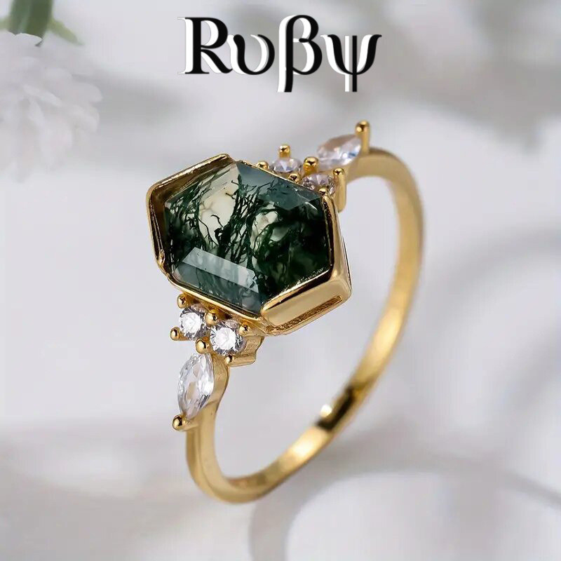 Anel estilo Pastoral coreano europeu feminino olho de cavalo geométrico Hexagonal Design anel Mori estilo anel Medieval