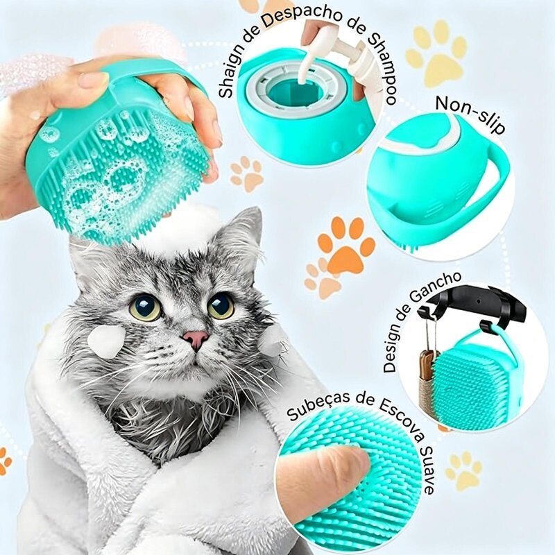 Esponja de Banho em Silicone com Dispenser de Sabonete e Suporte, Escova Multiuso para Crianças e Banho de Pets