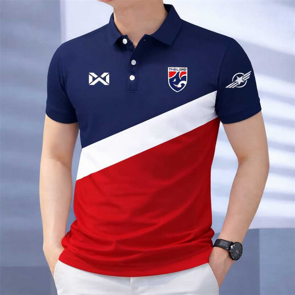 Camisa Polo Masculina Listrada Diagonal Vermelha E Azul Com Vibração Da Seleção Nacional Crista Tailândia