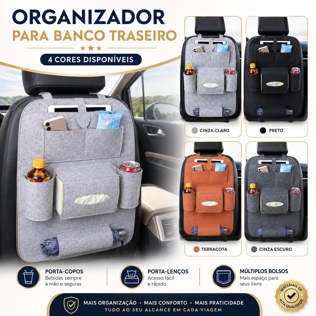 Organizador para Banco Traseiro de Carro com Porta Copos Porta Lenços em Feltro Multiuso