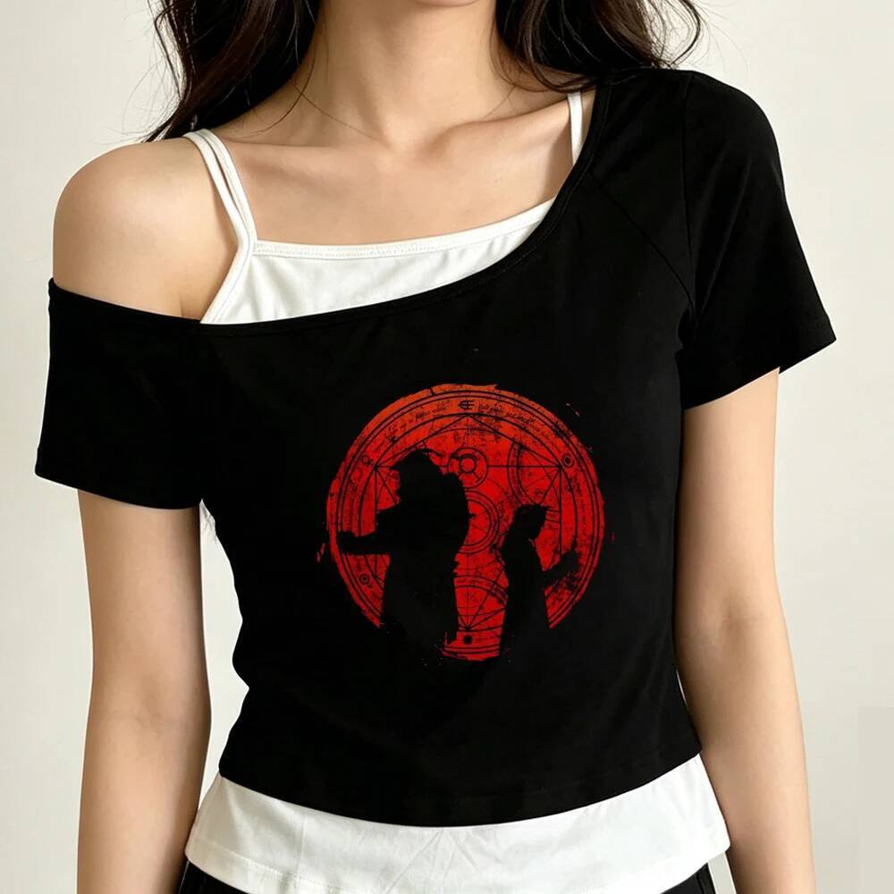 Fullmetal Alchemist crop top Menina Folga meme grunge dollette tees Festa Alternativa Moda Coreana Gótica