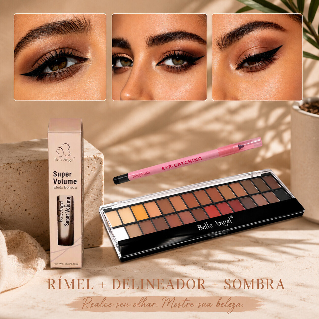 Belle Angel Rímel, Ruby Rose Lápis de Olho, Belle Angel Máscara – Toque Suave, Cor Intensa e Volume Extra B039+B013+2400