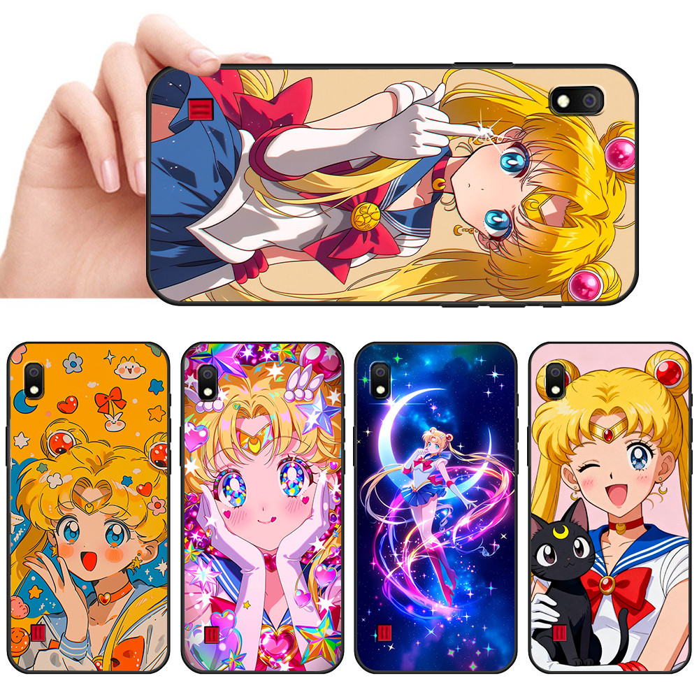Capa De Telefone Preta Macia Para Samsung A6 A7 A8 A9 A01 A02 A10 A10S Sailor Moon Menina maga estilo anime rosa Proteto