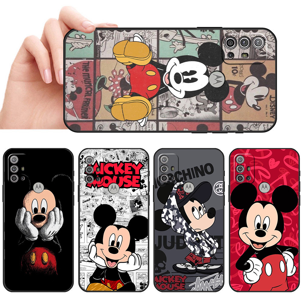 Capa de Telefone Preta Macia Para Moto G10 G20 G30 G22 G23 G50 G52 G53 G73 G82 Desenho Derato Fofo Mickey Protetora Anti