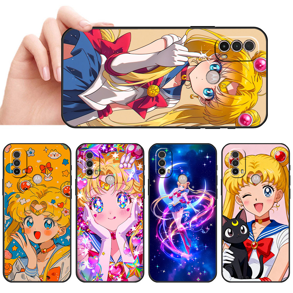 Capa De Telefone Preta Macia Para Moto E7 Plus E7i POWER E13 E20 E22 E40 G9 Play Sailor Moon Menina maga estilo anime ro