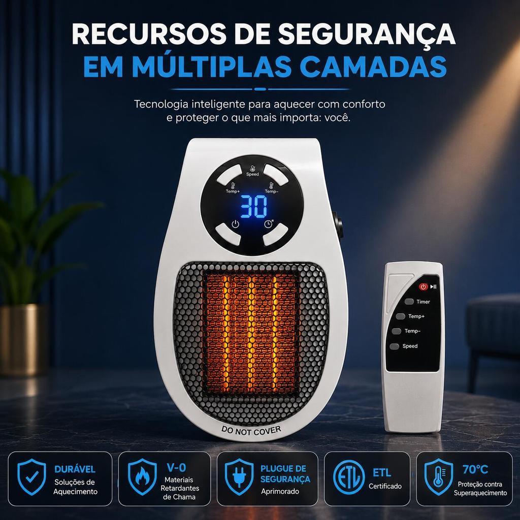 Aquecedor Elétrico Portátil de Tomada 500W 110v com Controle Remoto Termostato Digital e Timer 12h