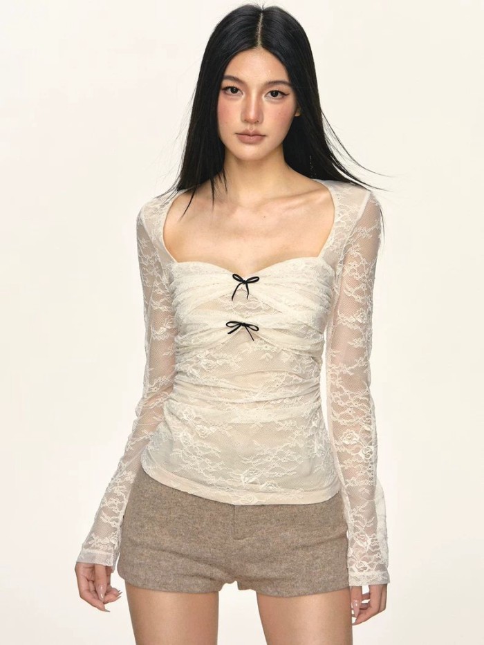 Jamaisvu Sexy Hot Girl Branco Oco Renda Arco Camisa de Fundo Mulheres Primavera Verão Moda Renda Top