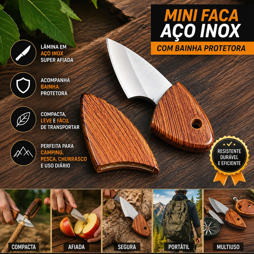 Mini Faca Aço Inox Com Bainha Portátil Canivete De Bolso Chaveiro Camping Pesca Defesa
