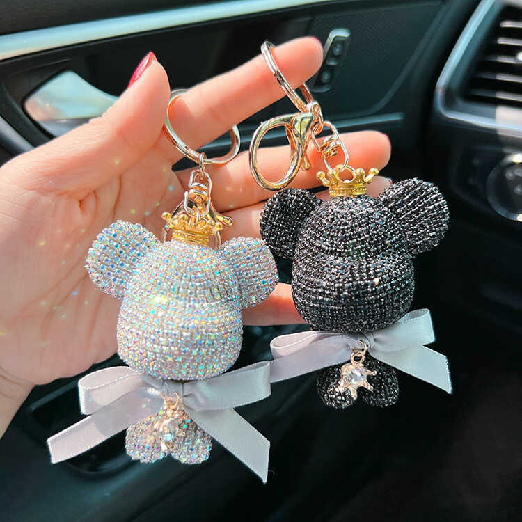 Moda cheia de diamante coroa urso violento chaveiro arco criativo bonito boneca carro chaveiro presente requintado