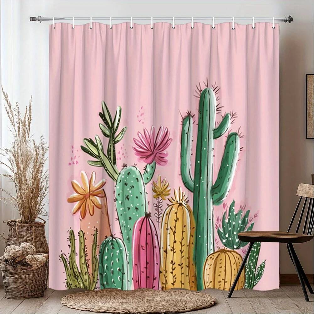 Cortina De Chuveiro De Jardim De Cacto , Suculentas Coloridas Em Fundo Rosa , Banho De Poliéster Com Ganchos Para Decora