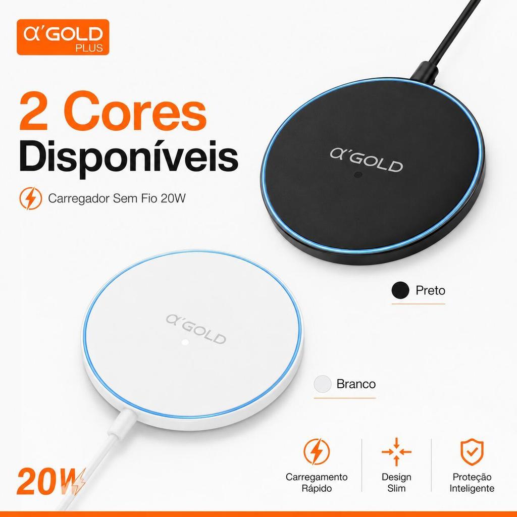 Carregador Sem Fio 20W αGold Plus Dobrável Wireless Charger USB Design Slim Branco ou Preto-BTE-52