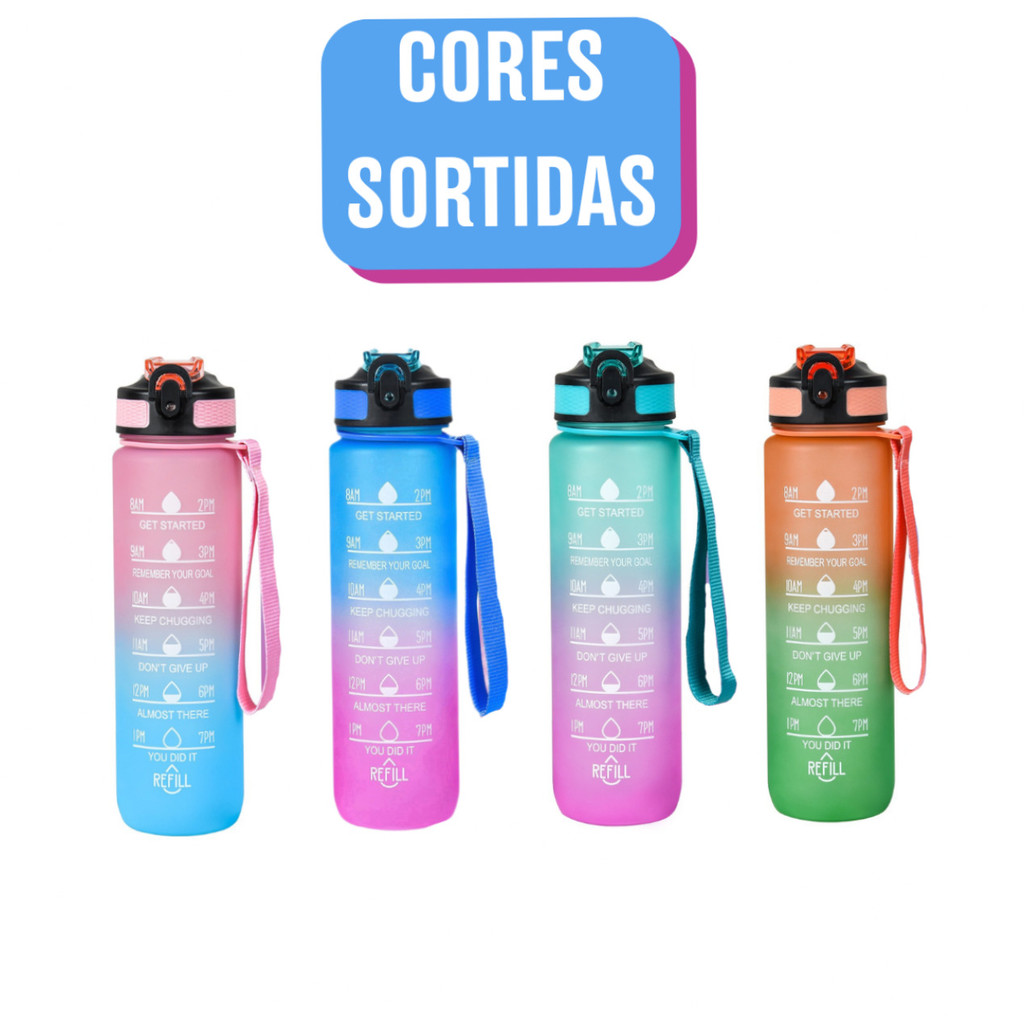 Garrafa Motivacional 1 Litro Com Marcador de Horário BPA Free Academia Fitness Cores Sortidas