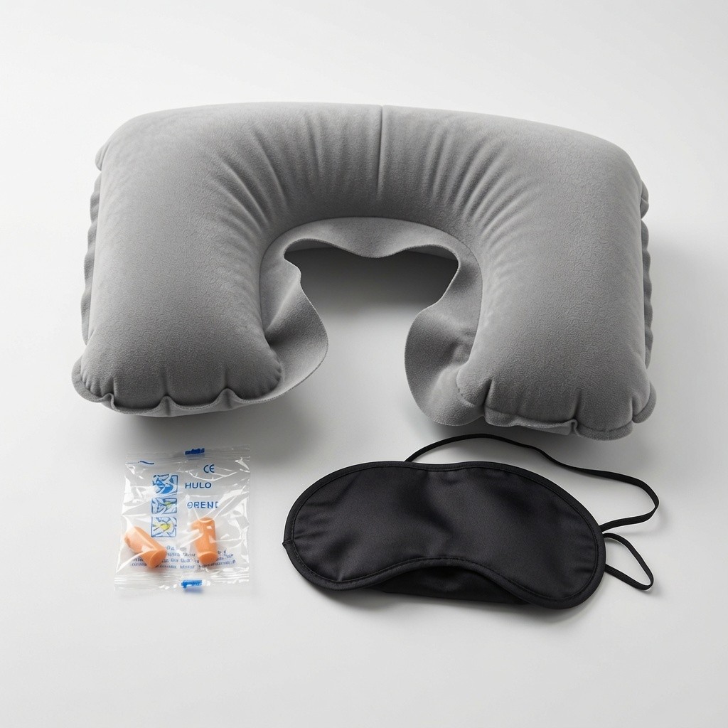 Almofada Inflável de Pescoço Kit Viagem - Travesseiro, Máscara para Olhos e Protetores Auriculares