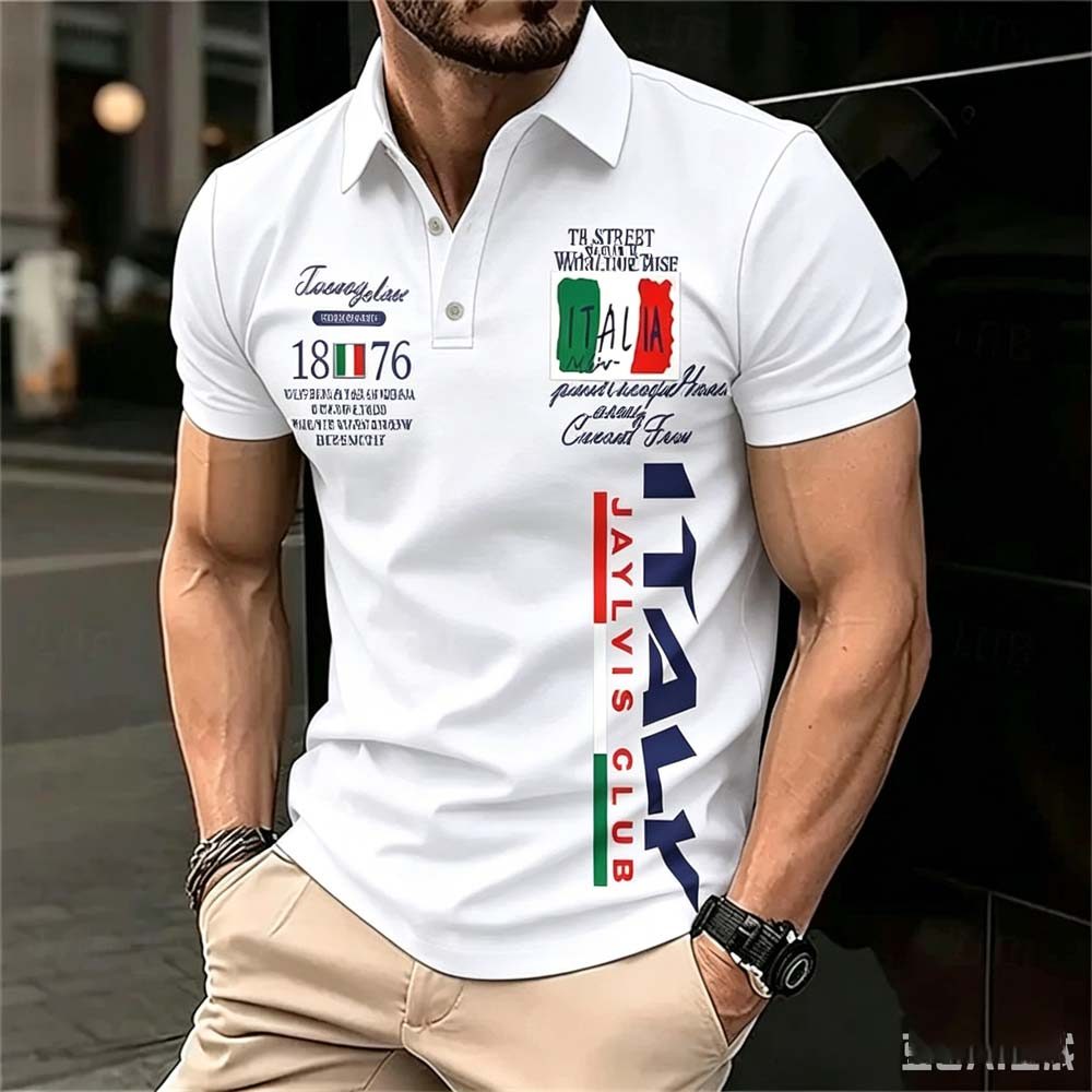 Camisa Polo Masculina Branca Impressão Digital Itália 1876 Gola Clássica Fino Ajuste Esportes Sociais Casual Nova Coleçã