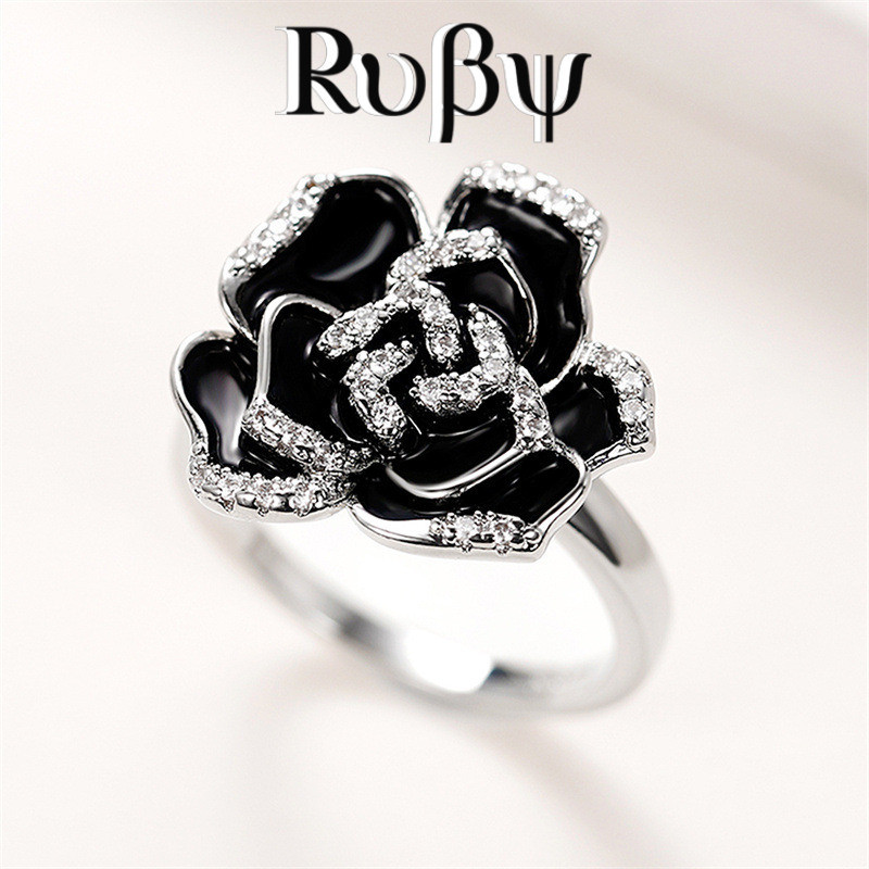 R RUBY Retro Elegante Esmalte Feminino Zircão Anel Único Preto Rosa Flor Feito à Mão Anel Epóxi Feminino