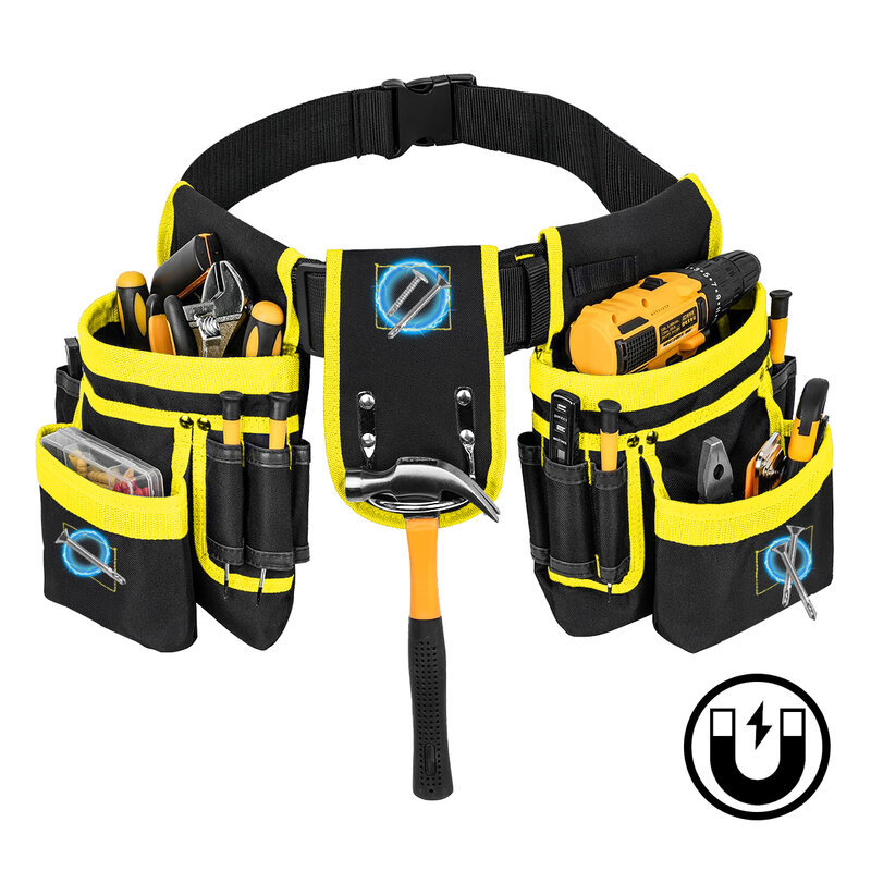 Bolsa De Ferramentas Para Eletricista Multifuncional De Nylon De Reparo De Cinto Profissional Ajustável 26Bolsos Amarelo