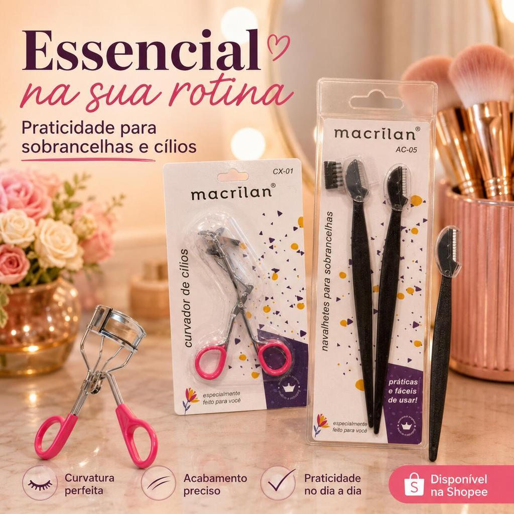 Kit Macrilan Curvador de Cílios CX-01 + Navalhete para Sobrancelhas AC-05 com 2 Peças