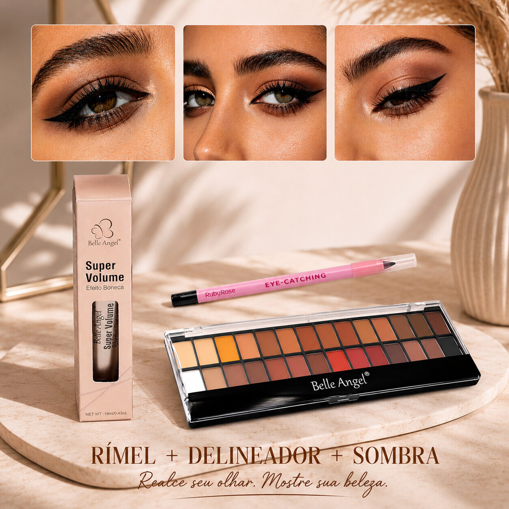 Rímel Belle Angel + Ruby Rose Lápis de Olho + Máscara Belle Angel – Volume, Definição e Cor que Marca B039+B013+2400