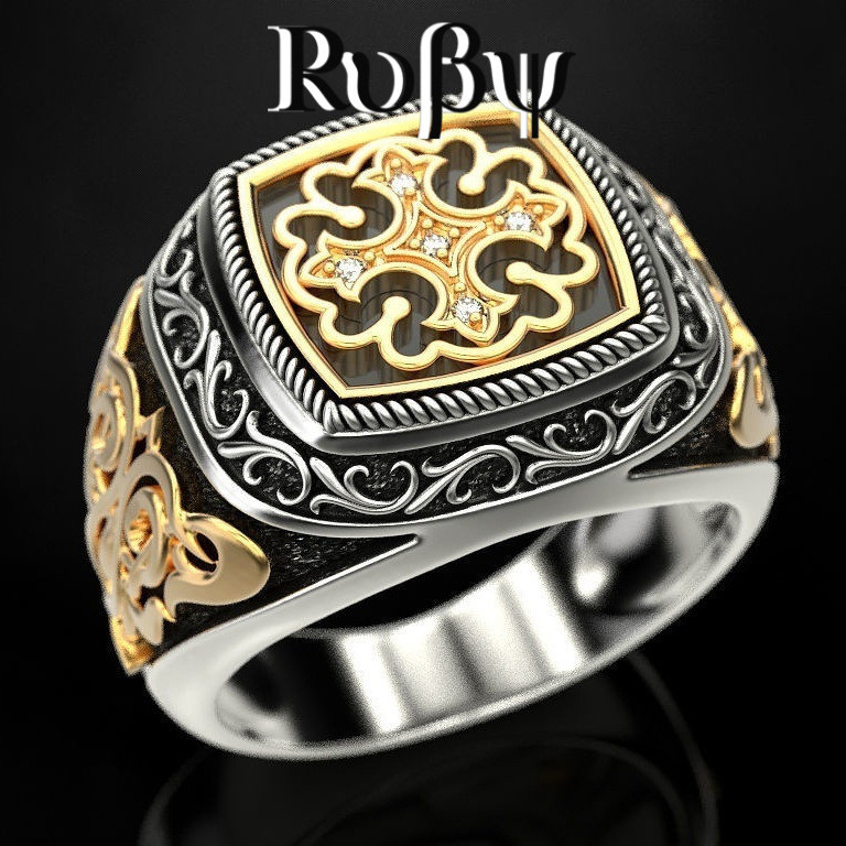 R RUBY * Novo estilo através de flor banhado a ouro 18k anel de duas cores europeu americano Retro gravado padrão anel d