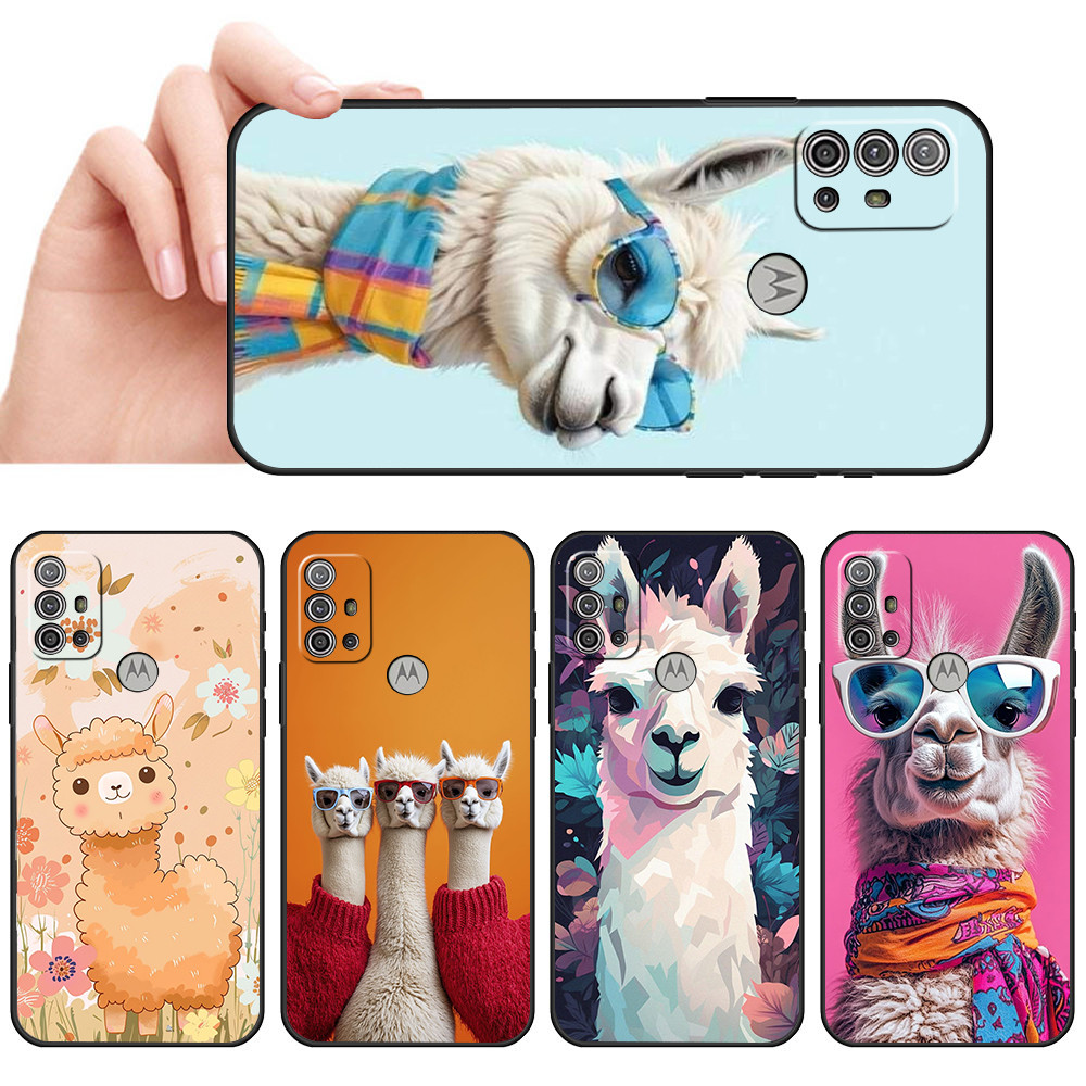 Capa De Telefone Preta Macia Para Moto G10 G20 G30 G22 G23 G50 G52 G53 G73 G82 Lhama andina desenho fofo Protetora Anti-