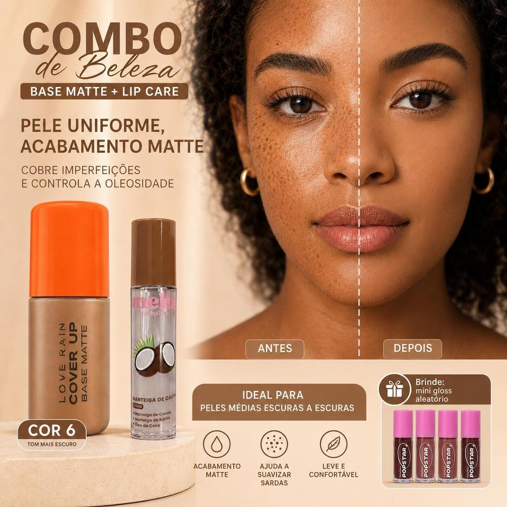 Love Rain Base Matte Cover Up Cor 6 + Melu Ruby Rose Lip Care Coco + Mini Gloss Sortido