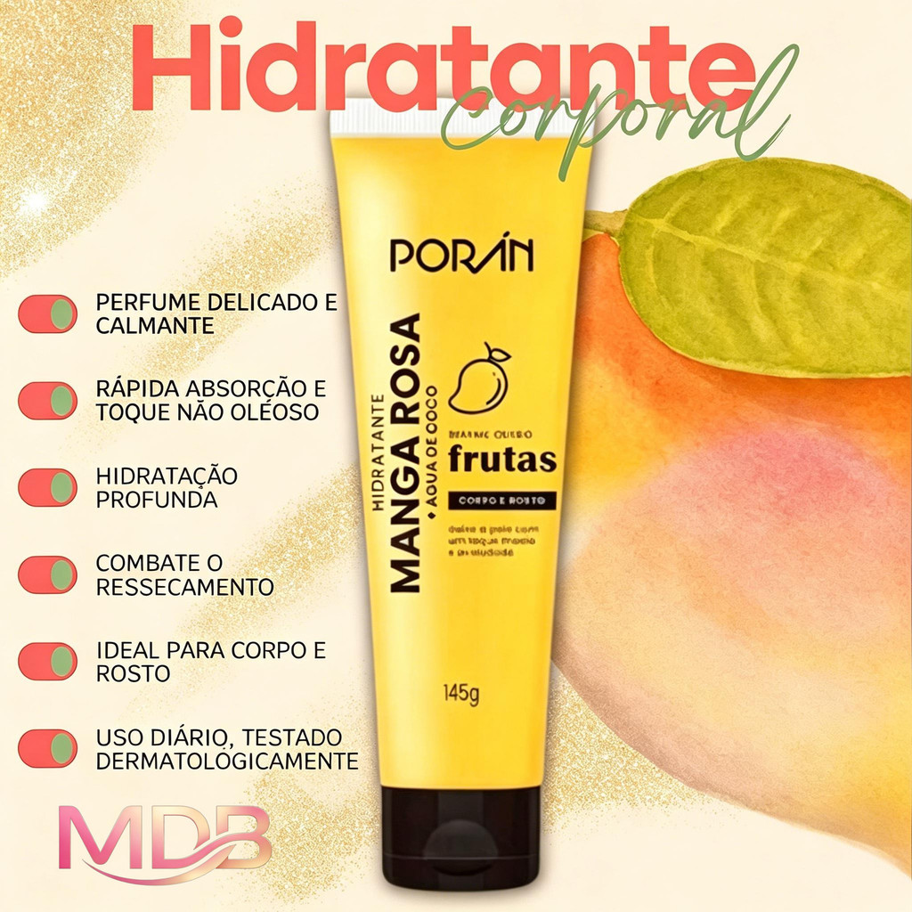 Hidratante Corporal Porán de Manga Rosa e Água de Coco – 145g com Aroma Suave e Toque Refrescante PR222