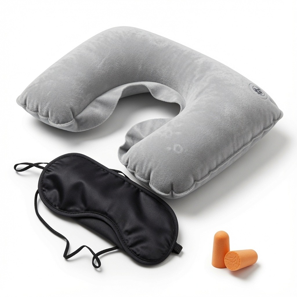 Kit Viagem 3 em 1 Almofada de Pescoço Inflável - Travesseiro + Tapa Olho + Protetores de Ouvido