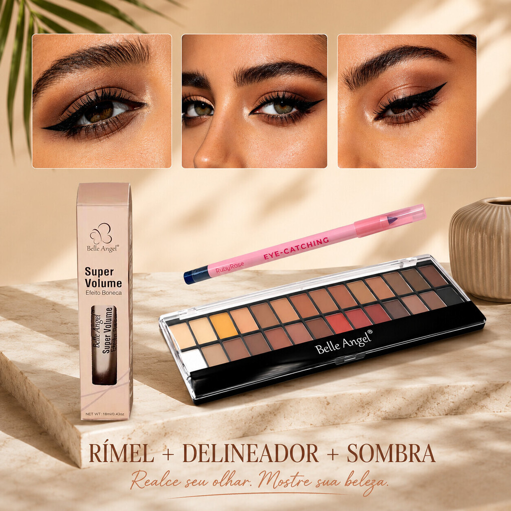 Rímel Belle Angel Super Volume + Delineador Ruby Rose + Máscara Belle Angel – Efeito Boneca e Toque Suave B039+B013+2400