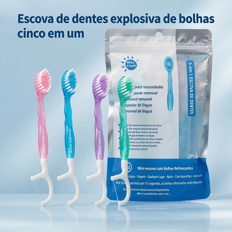 Escova Dentes de Viagem Descartável 4 1 Pasta em Grânulos e Fio Dental Kit com 12 Unidades