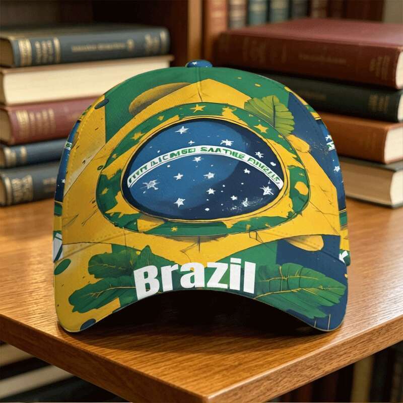 Boné Com Tema Tropical Do Brasil Base Amarela Verde Folha De Palmeira E Estampa De Emblema Estrelado-Chapéu Orgulho Cult