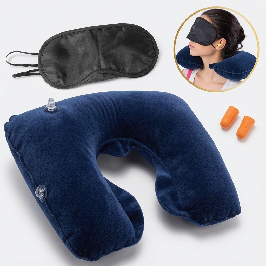 Almofada de Pescoço Inflável Kit Viagem 3 Peças - Travesseiro, Tapa Olho e Ouvido  Avião Ônibus confortável