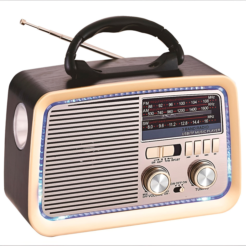 Radio Antigo Preto Portatil Caixa Som Bivolt Com Lanterna