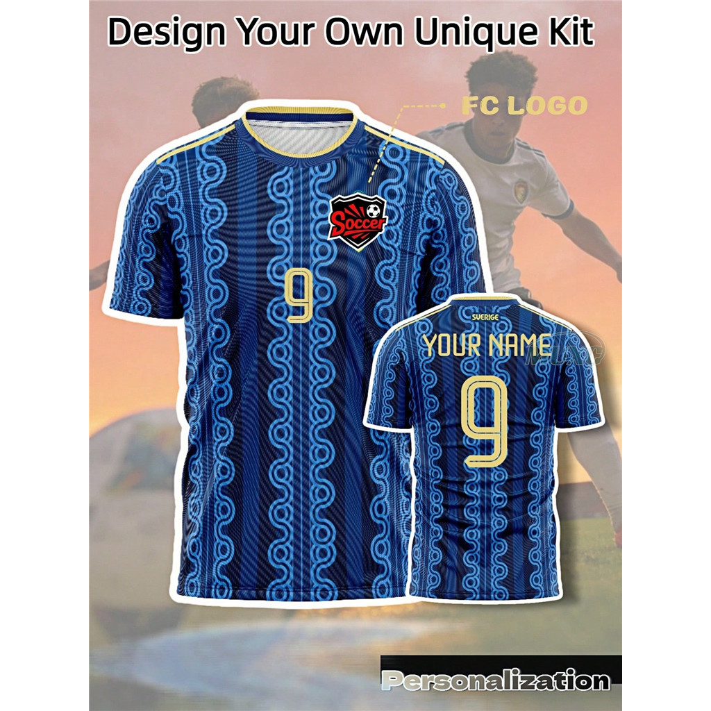 Camisa De Futebol Azul Fora Da Suécia Copa Do Mundo E Número Personalizados Gratuitos , Roupa Esportiva Respirável De Al