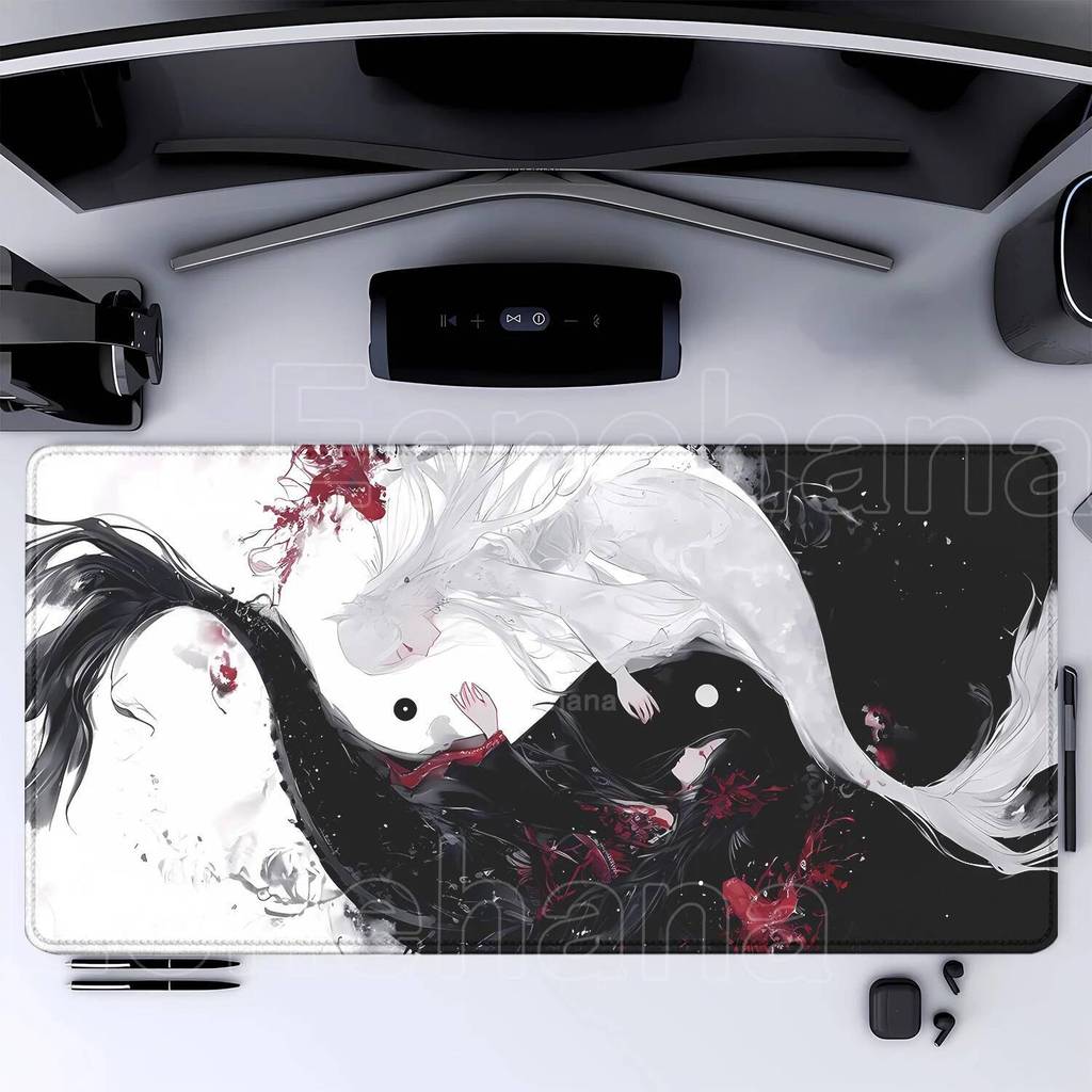 Tapete De Mesa Japonês Preto E Branco , Mouse Pad Koi Peixe Japão Arte Selo Yin-yang Grande Borracha Para Jogos Acessóri