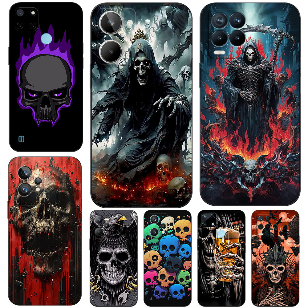 Capa Para Realme 6i 5i 5s 5 Pro 3 3i Silicone Preto Tpu Traseira De Telefone Caveira Macia Padrão De Terror