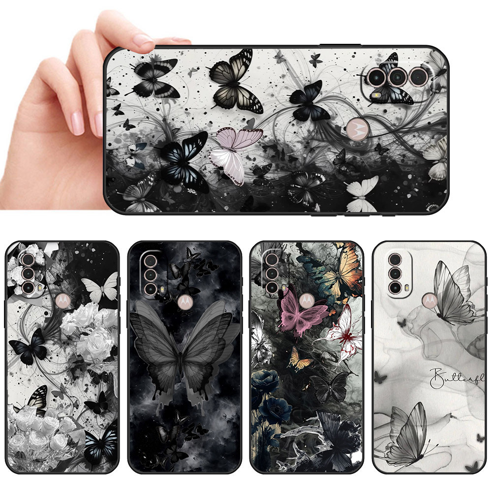 Capa De Telefone Preta Macia Para Moto E7 Plus E7i POWER E13 E20 E22 E40 G9 Play Borboleta estilo retrô colorida Proteto