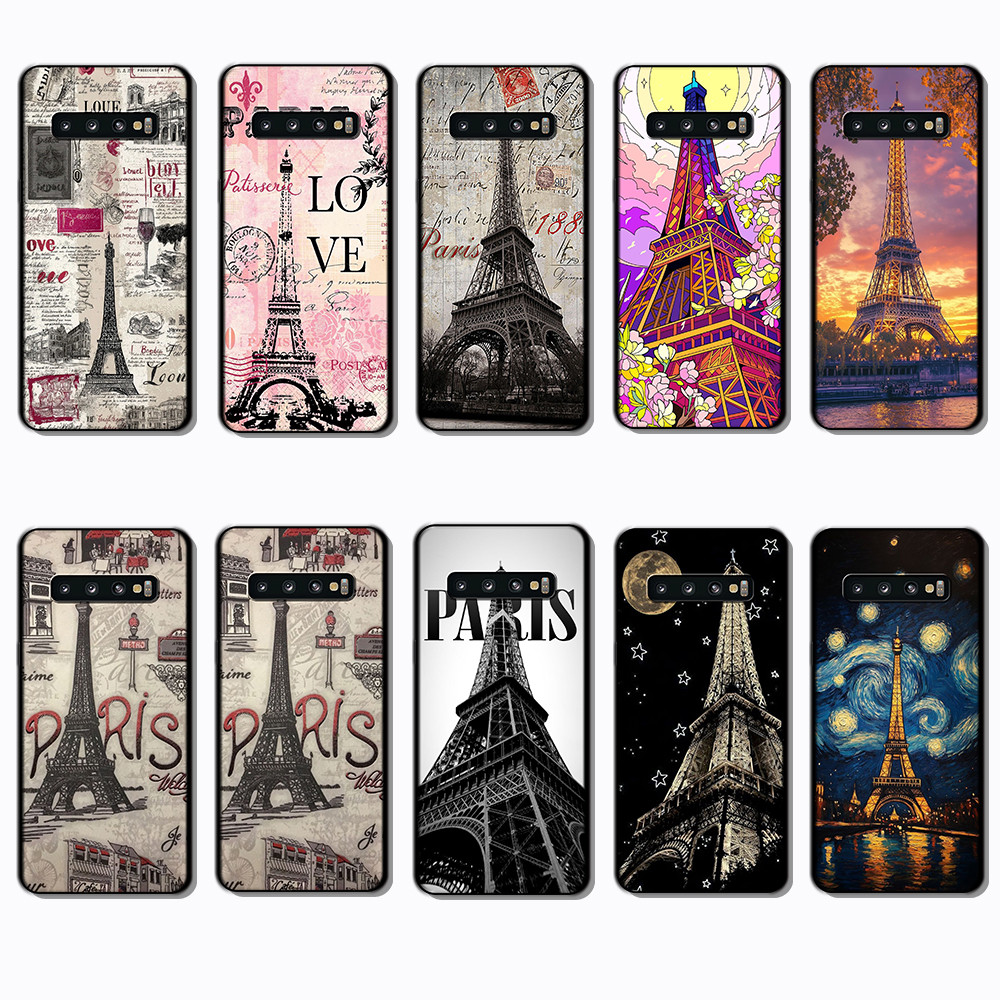 Para 3c Samsung Galaxy S7 Edge S8 S9 S10 Plus S10E A Torre Eiffel Capa De TPU Preta Macia