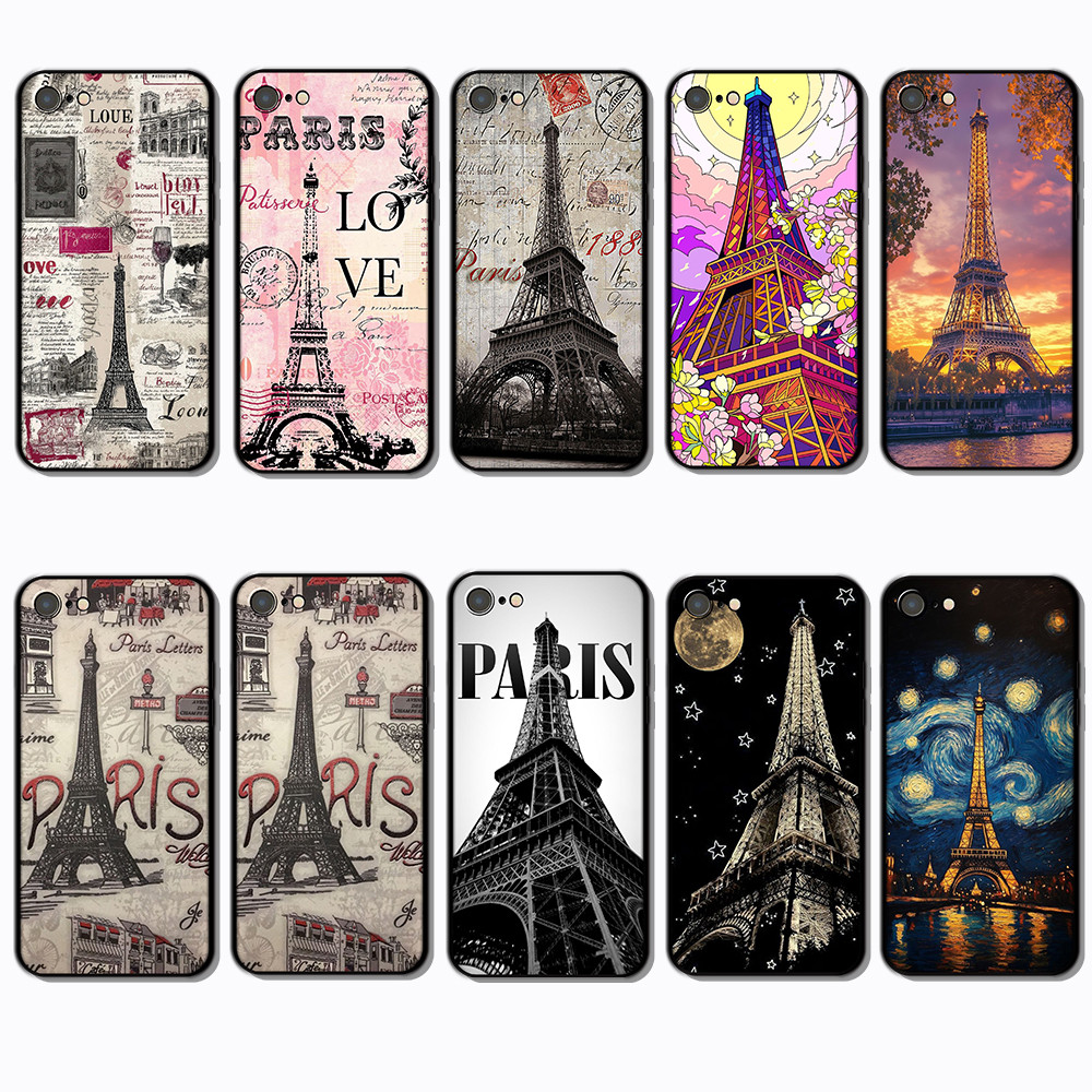 Para 3c iPhone 5 5s 6 6s 6 Plus 7 SE A Torre Eiffel Capa De TPU Preta Macia