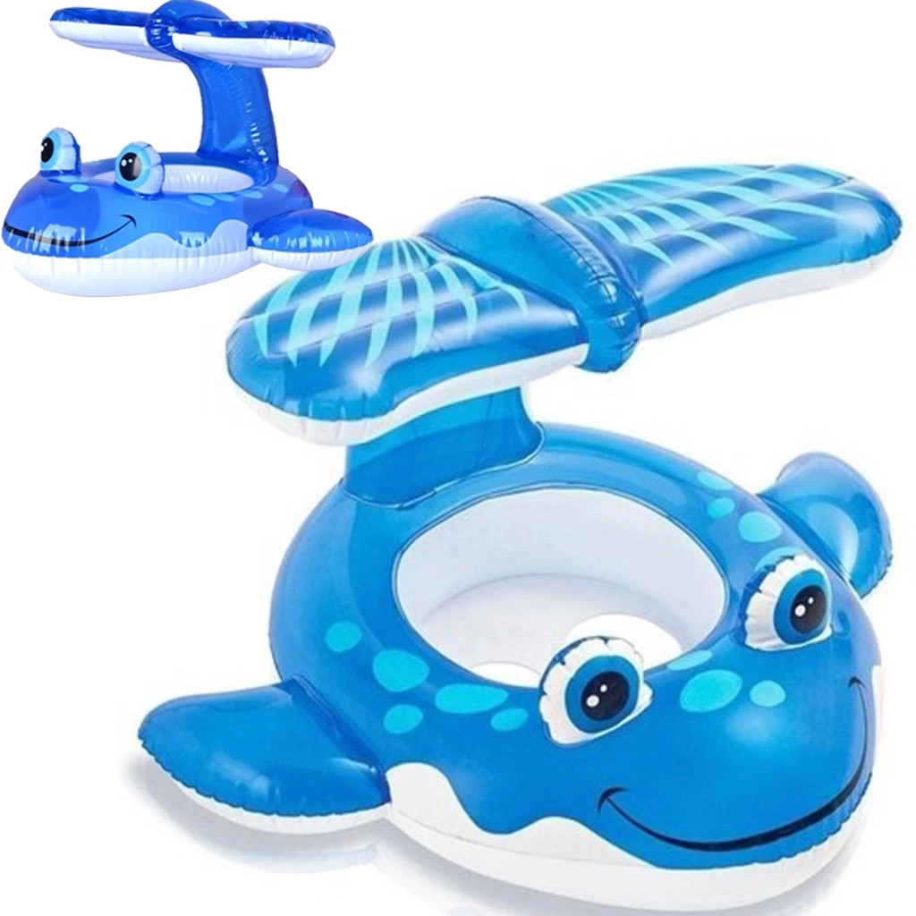 Boia Inflavel Infantil 6M à 3 Anos com assento e cobertura solar Tamanho: 50 Cm Modelo: Baleia Cor: Azul