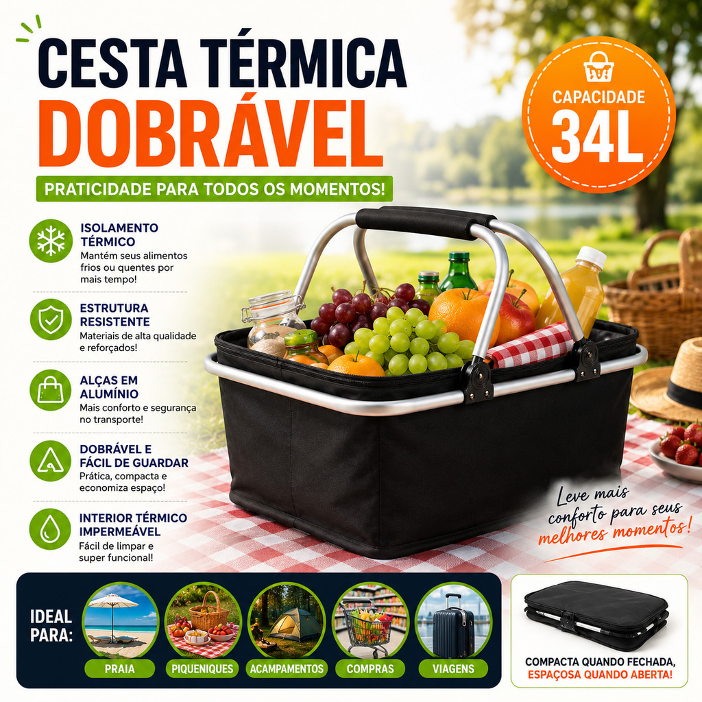 Cesta Térmica Dobrável 34L Bolsa Grande Alca Alumínio Impermeável Piquenique Praia Camping Mercado