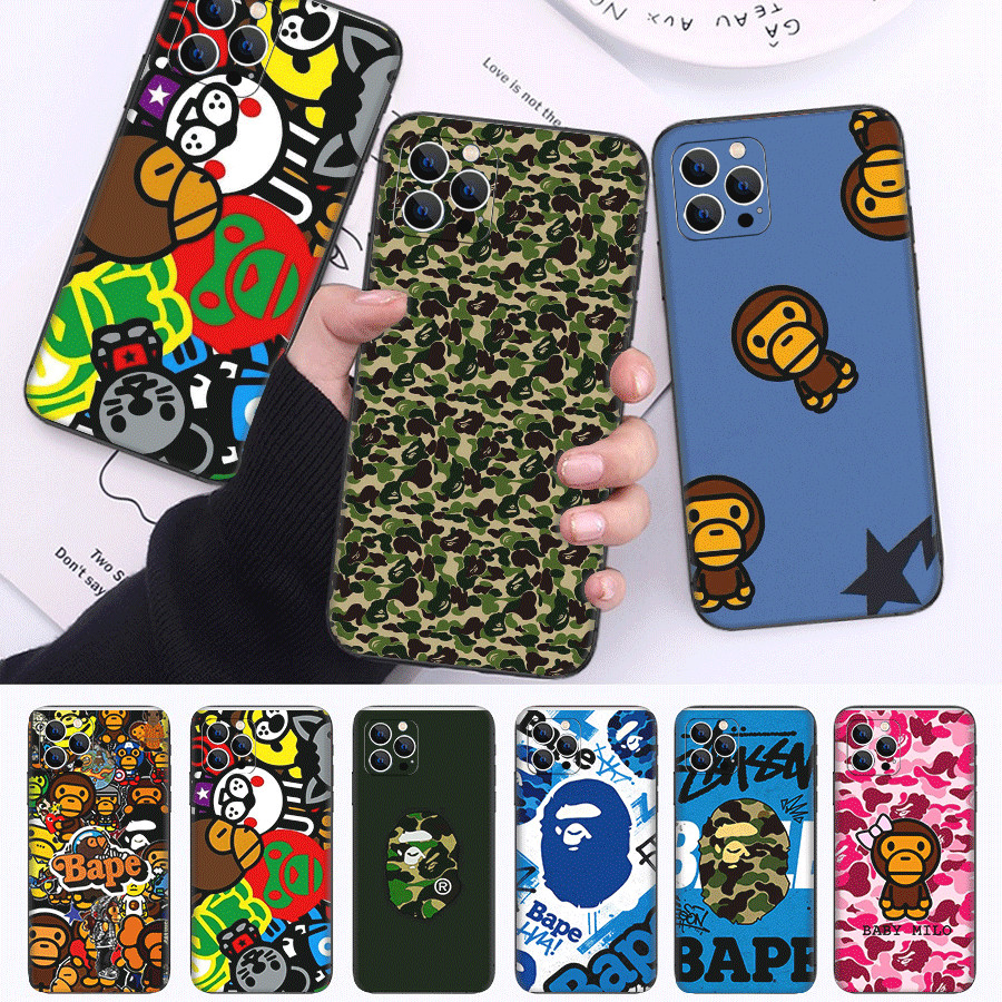 iPhone 14 15 16 Pro Plus Max Compatibilidade TPU Capa Preta Capas De Telefone Protetora Macia BAPE A Bathing Ape (WS-6)