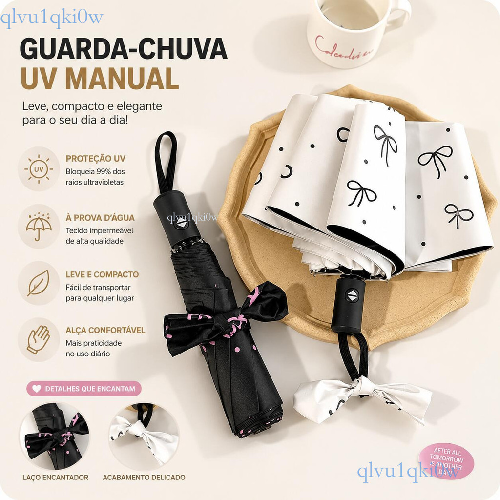Guarda-chuva bolinhas com laço, alta qualidade, proteção UV, ideal para sol e chuva